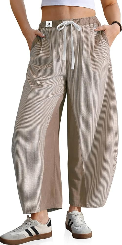 TARSE Womens Wide Leg Barrel Pants Striped Drawstring Elastic Waist Loose Fit Summer Boho Casual ... | Amazon (US)