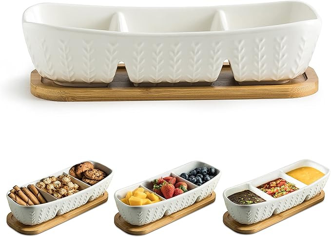 Miamolo 3 Compartment Condiment Tray Hospitality Tray, Chip and Dip Bowl with Wooden Serving Tray... | Amazon (US)