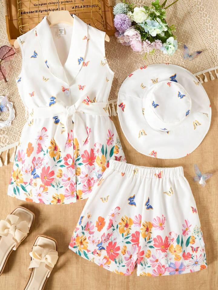 SHEIN Tween Girls' Butterfly & Flower Printed Jacket With Shorts And Cap Outfit Set | SHEIN