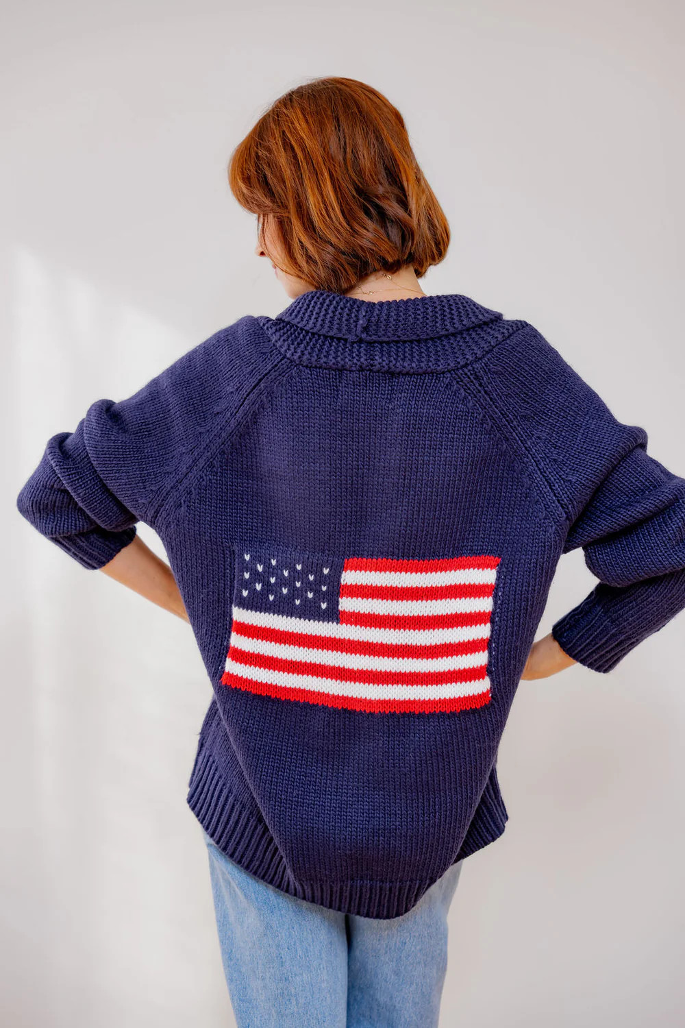 Navy Oversized American Flag Cardigan | Pearls & Camo