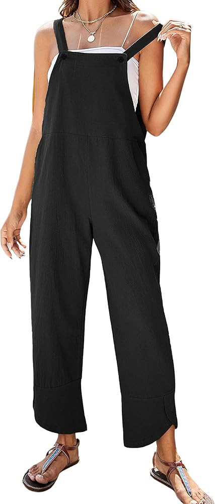 APAFES Women Summer Sleeveless Cotton Linen Bib Overalls Tulip Baggy Capri Jumpsuits with Pockets | Amazon (US)