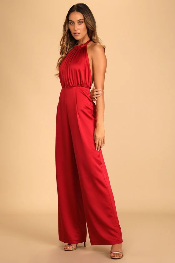 Jump Into Style Wine Red Satin Halter Wide-Leg Jumpsuit | Lulus (US)