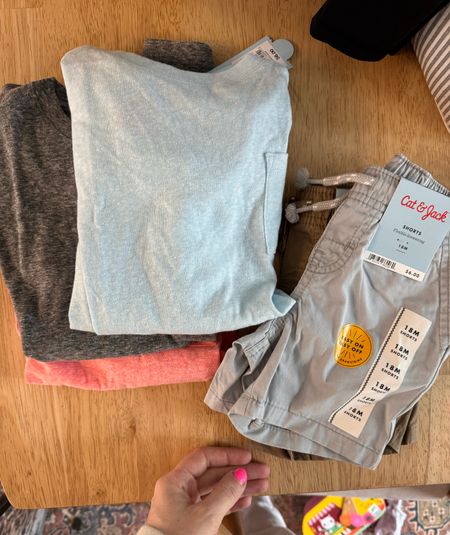 Cat & Jack toddler and boy essentials. I buy their pull on shorts every year (only $6-$8!) and their basic tees ($6) they all wear and wash amazing for that price point 