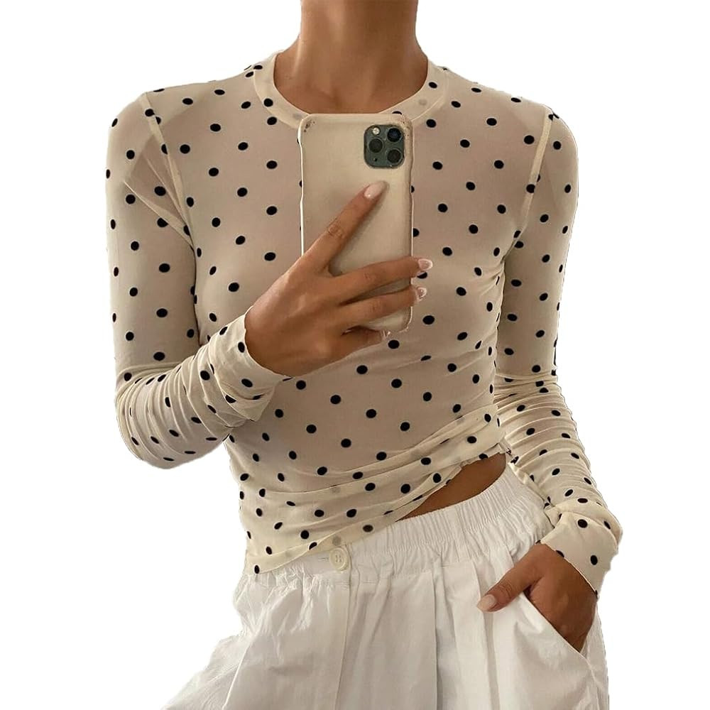 Women Trendy Crew Neck Polka Dot Sheer Mesh Blouse Sexy Slim Fit Long Sleeve See Through Crop Shi... | Amazon (US)