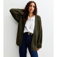 Women's Tall Dark Khaki Ribbed Knit Balloon Sleeve Long Cardigan New Look | New Look (UK)