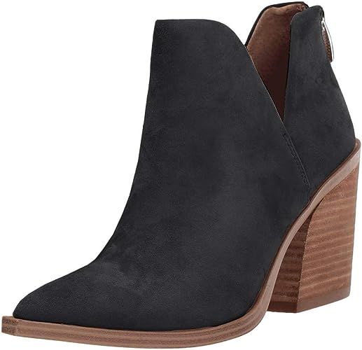 FISACE Womens Pointed Toe Stacked Mid Heel Ankle Boots V Cut Back Zipper Faux Leather Booties | Amazon (US)