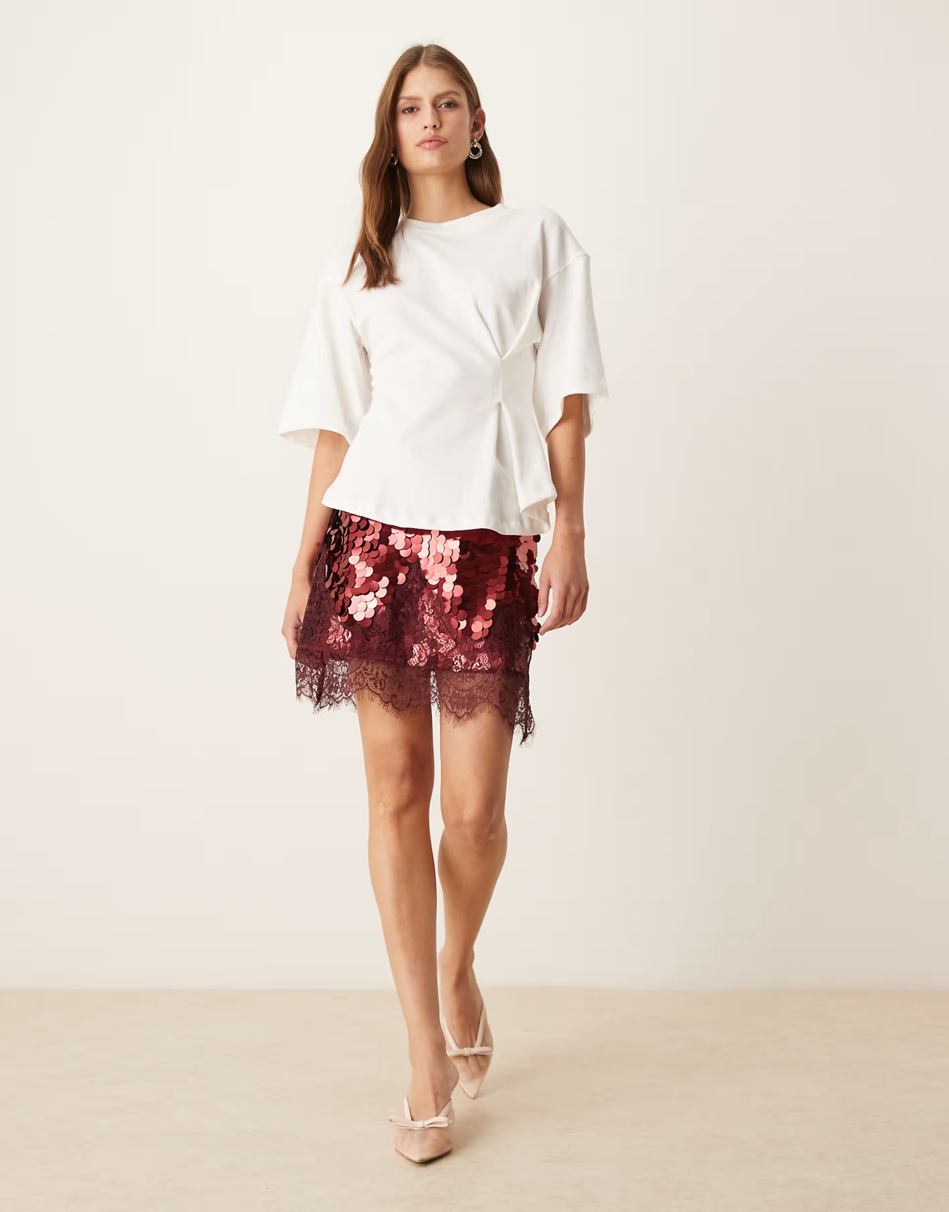 Never Fully Dressed Maeva mini skirt in large sequin in burgundy with lace trim | ASOS | ASOS (Global)