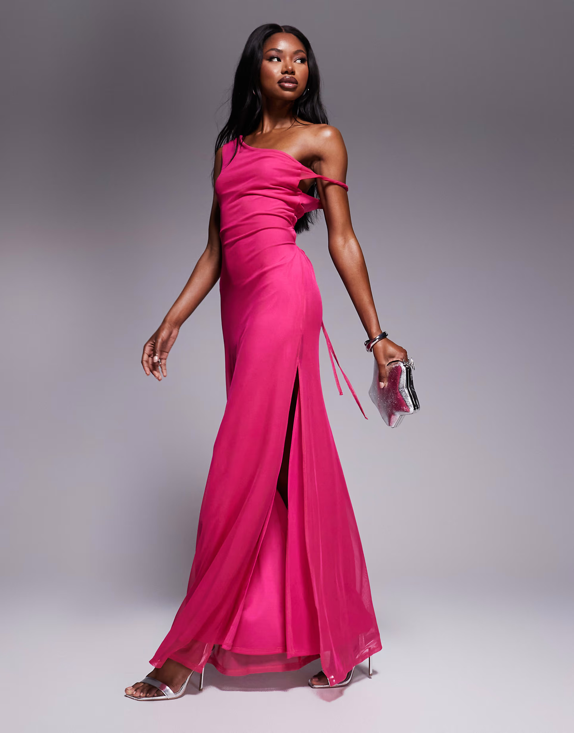 ASOS DESIGN twist shoulder with lace up back mesh maxi dress in pink | ASOS (Global)