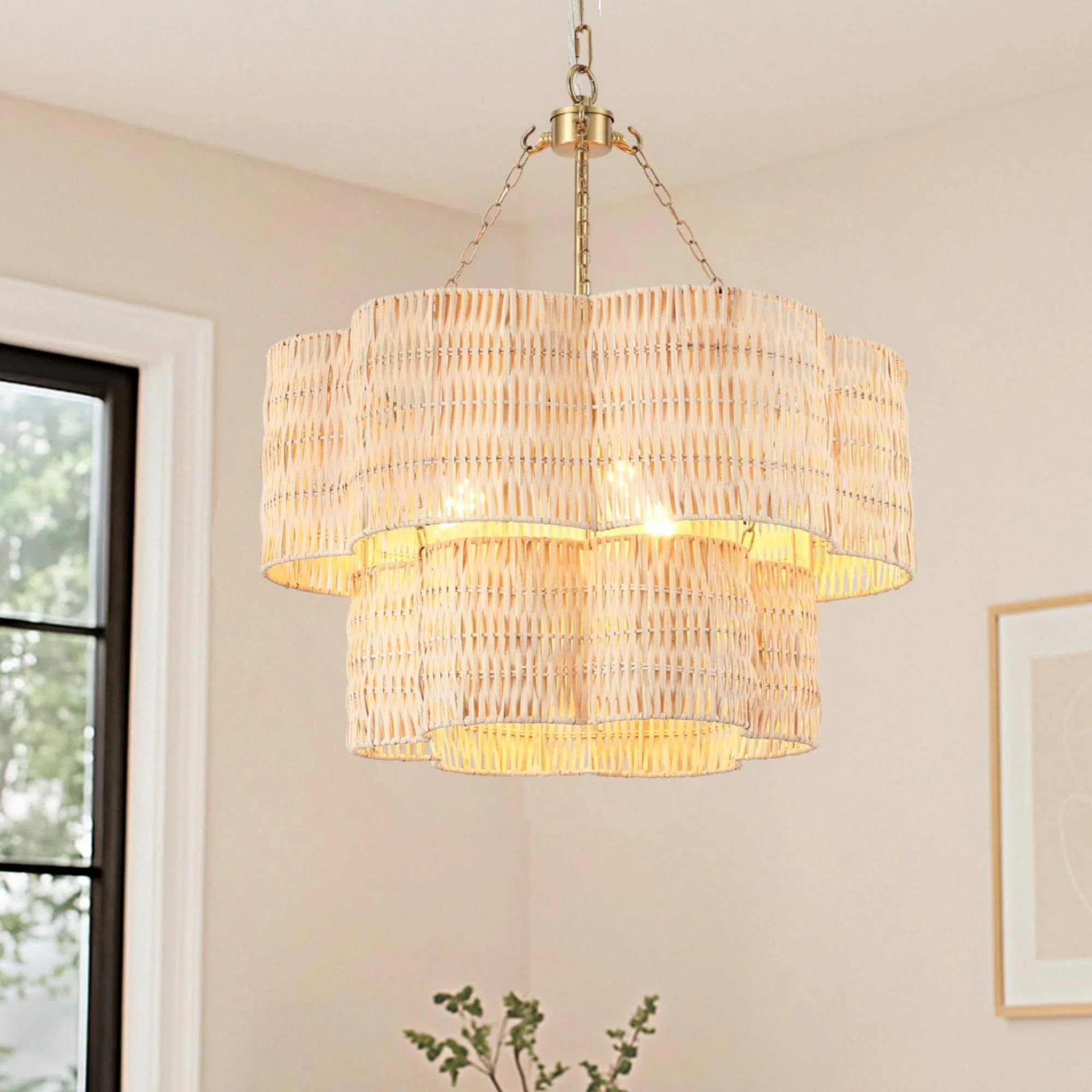 20" 3-Light Double-shaded Scalloped Rattan Chandelier | Wayfair North America