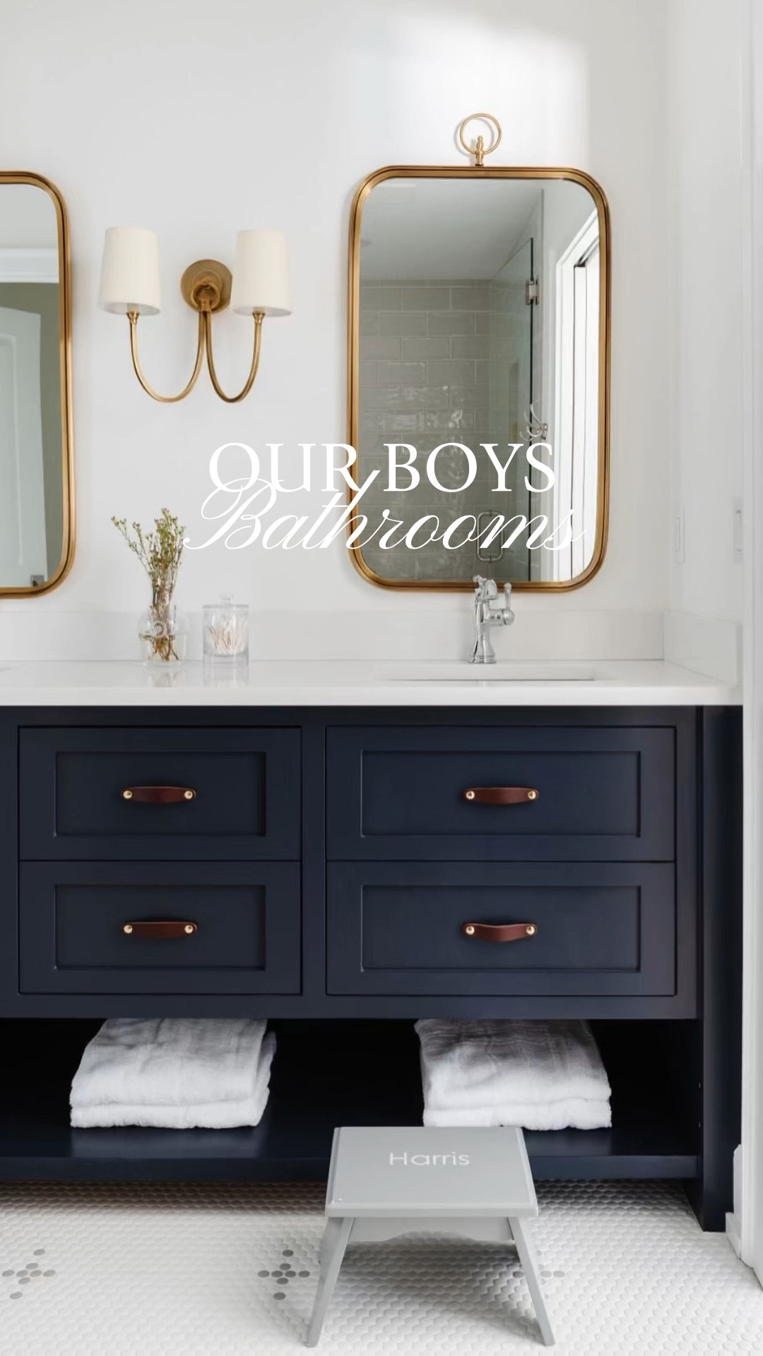 Boys bathroom, navy blue bathroom, kids bathroom, faucet, shower, tile

#LTKHome #LTKKids