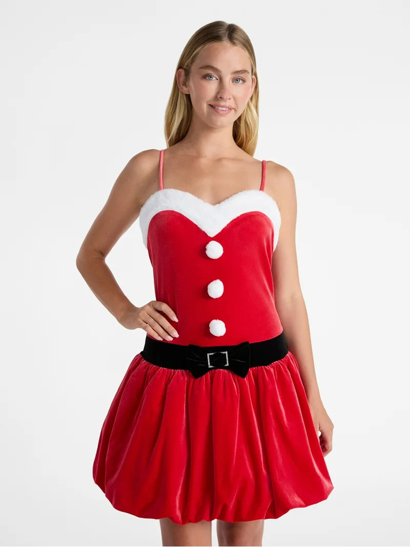 No Boundaries Santa Claus Bubble Mini Dress, Women’s | Walmart (US)