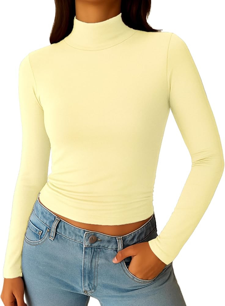ForeFair Womens Turtleneck Mock Neck Long Sleeve Shirts Going Out Double Lined Crop Tops Slim Fit... | Amazon (US)
