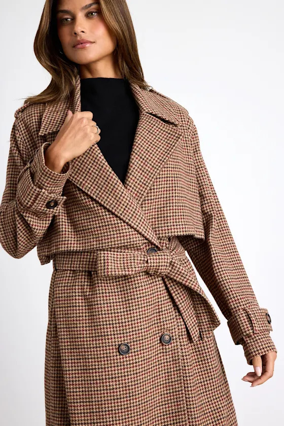 Arnella Light Brown Houndstooth Belted Trench Coat | Lulus