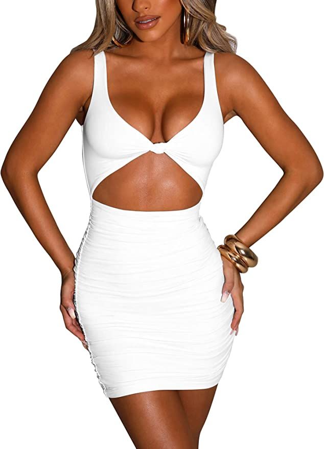 Kaximil Women's Sexy Bodycon Sleeveless Cut Out Ruched Tank Mini Club Party Dresses | Amazon (US)