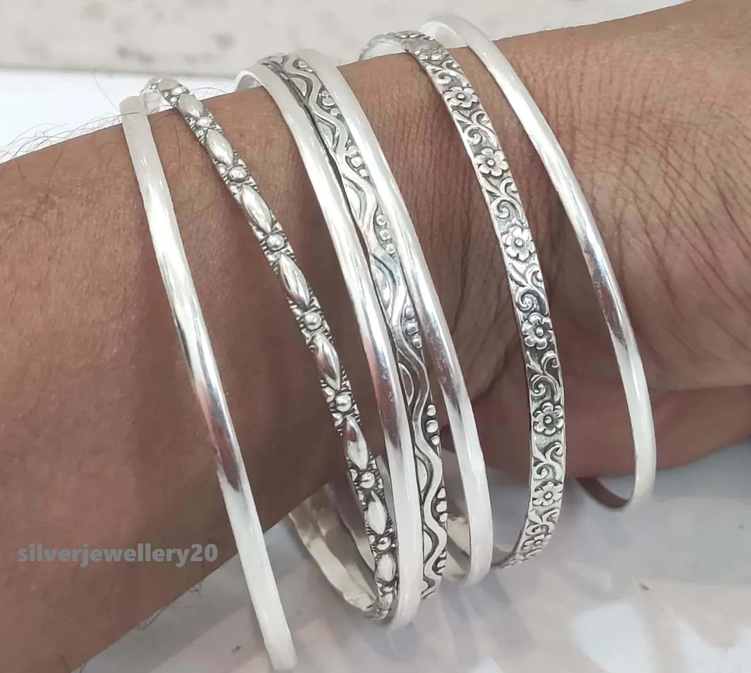 Handmade Sterling Silver Bangle Set, Stackable Silver Bangles - Etsy | Etsy (US)