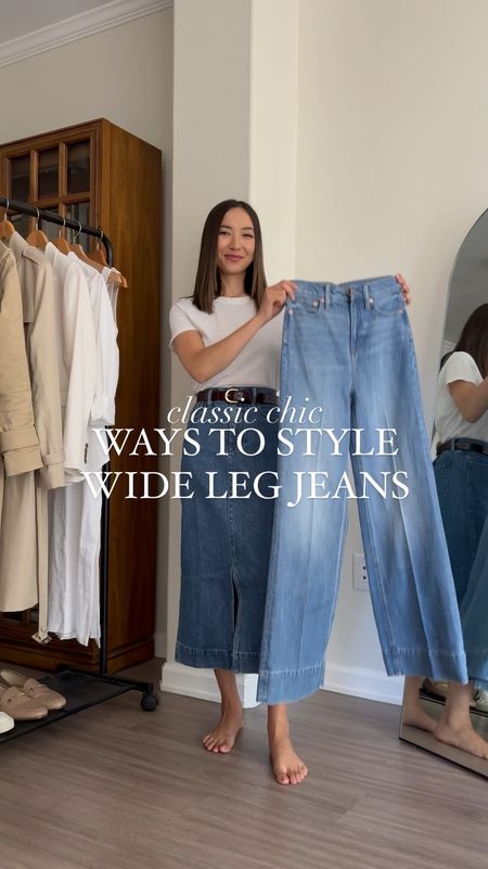 Classic chic ways to style wide leg jeans // office outfits

• Denim midi skirt - sold out
• Jeans 25 classic- petite would have been better for a shorter heel 
• Sweater jackets xs 
• tops xs 

Classic chic workwear 