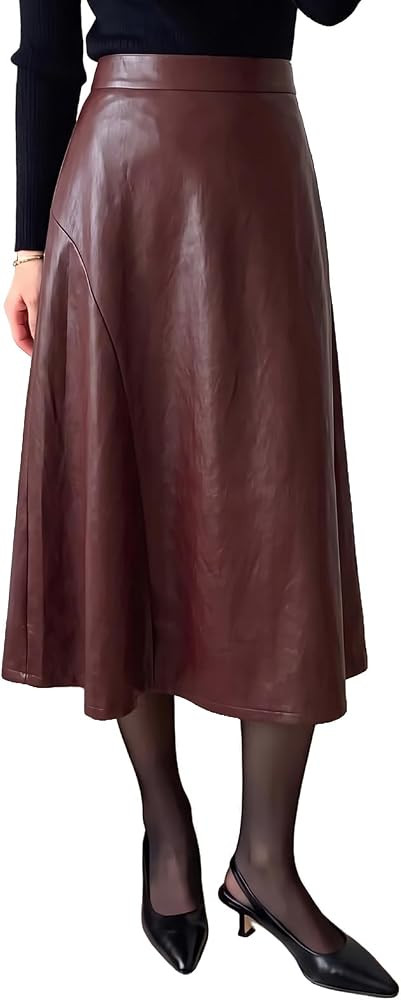 Imily Bela Womens Fall Winter Faux Leather Flowy High Waisted Midi Skirt | Amazon (US)