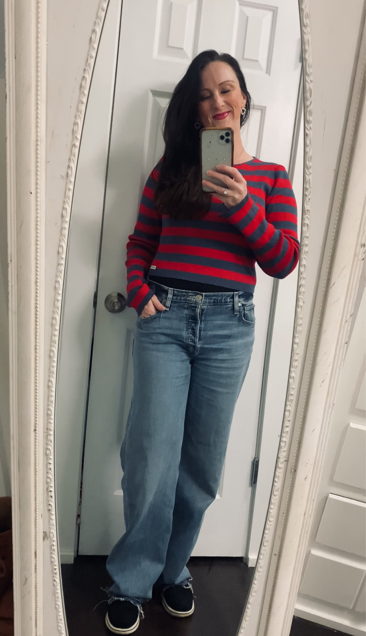 Outfit of the day: cropped ribbed stripe long sleeve tee, wide Hudson jeans, & lace up boots. For added warmth: shapewear bodysuit & wool socks.

Winter outfit 
Teacher outfit 
Casual and chic 
Valentine’s Day top
OOTD
WFH style 
Mom style 

#LTKStyleTip #LTKOver40 #LTKSeasonal