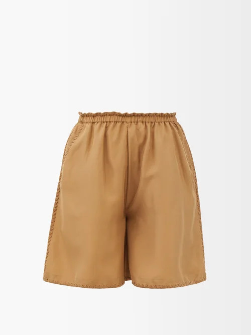 Toteme - Scallop-embroidered Silk Shorts - Womens - Camel | Matches (US)
