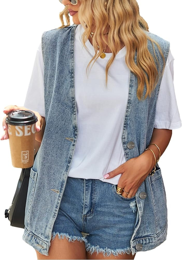 Zontroldy Denim Jean Vest for Women Oversized Sleeveless Button Down Denim Jean Vest Waistcoat Sh... | Amazon (US)