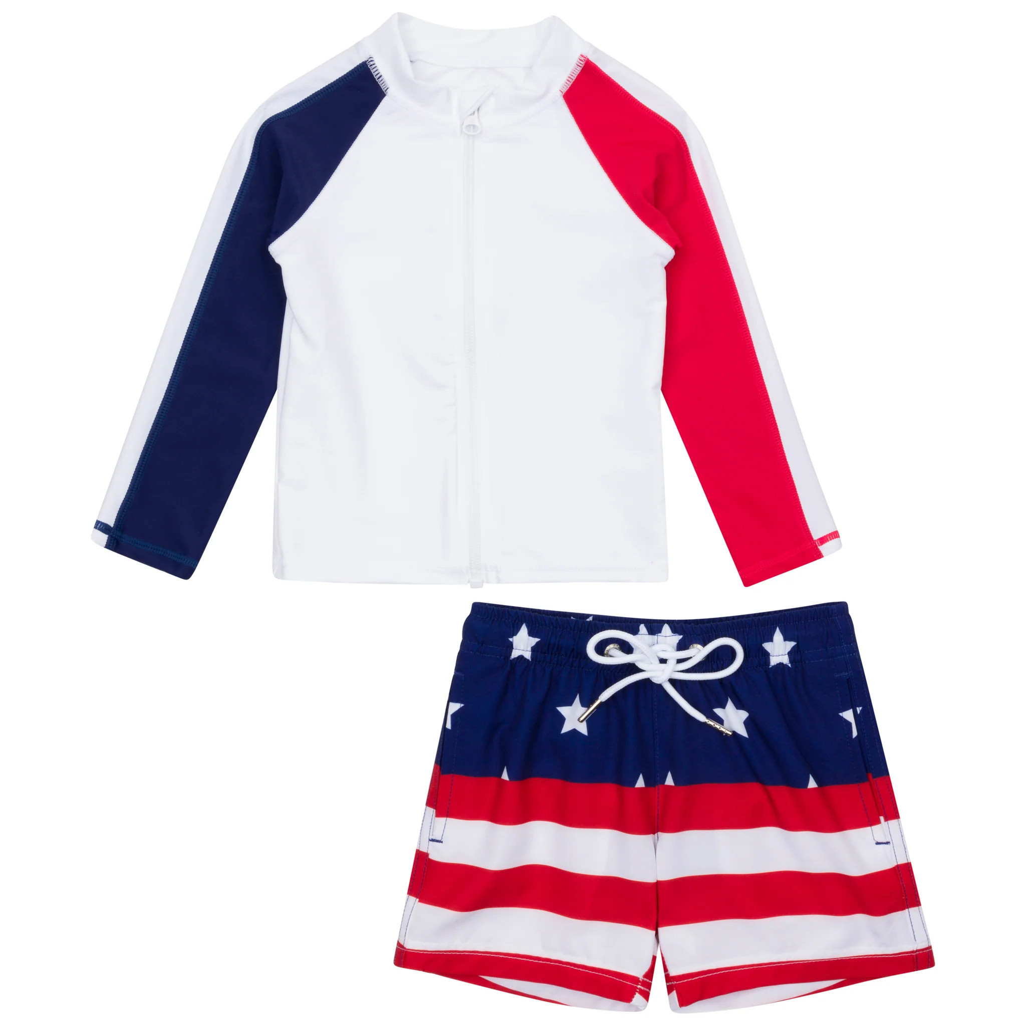 Boys Long Sleeve Zipper Rash Guard and Swim Trunk Set | "Americana" | SwimZip