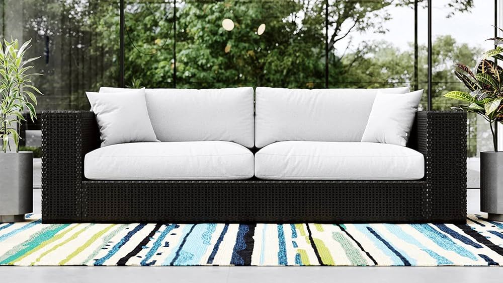 ZURI Modern Marquesa Outdoor Black Wicker Sofa with Quick Drying Cushions in White | Amazon (US)