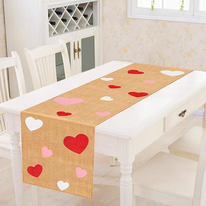 Valentines Day Table Runner, Burlap Red Pink White Love Heart Table Runner for Valentine's Day Di... | Amazon (US)