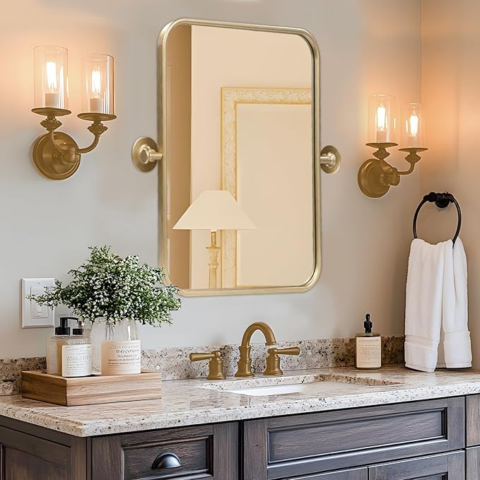 Gold 20" X 30" Pivot Mirror for Bathroom, Metal Frame Rounded Rectangle Mirror, Tilting Vanity Mi... | Amazon (US)