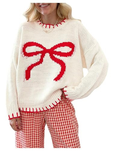 SOLY HUX Women's Y2k Bow Sweater Crewneck Long Sleeve Knit Pullover Tops Oversized Sweaters Red and White Bow Small | Amazon (US)