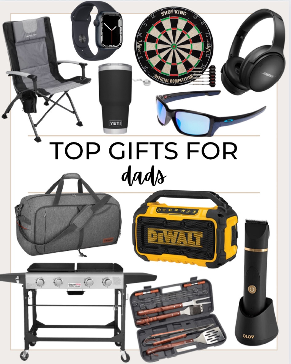 Top gifts for dad include dewalt Bluetooth speaker, flat top griddle, yeti travel cup, Oakley sunglasses, Ozark Trail folding chair, Bose headphones, electric hair trimmer, wooden handle tools, Apple Watch, travel duffle bag, and dart board. 

Gift guide, gifts for dad, dad gifts, dad Christmas gifts, Christmas gifts, gifts for him, hubby gifts, seasonal gifts

#LTKunder100 #LTKmens #LTKGiftGuide