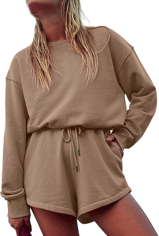 Glamaker Women's Long Sleeve Summer Romper Open Back Casual Loose Fit Crew Neck Drawstring Shorts... | Amazon (US)