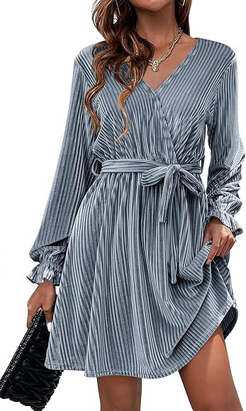 HOTOUCH Women's Velvet Dress with Belt V Neck Wrap Dress Ruffle Trim Long Sleeve Dress Cocktail P... | Amazon (US)
