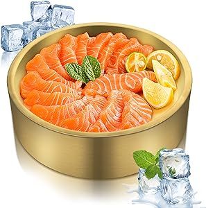 8.5in Gold Stainless Steel Ice Chilled Serving Trays, Appetizer Cold Serving Tray Platter with Ic... | Amazon (US)