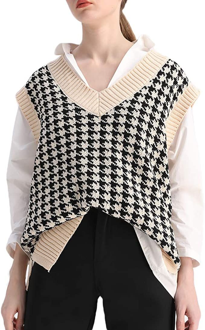 Sdencin Women Houndstooth Pattern Knit Sweater Vest Sleeveless Loose V-Neck 90s Waistcoat Pullove... | Amazon (US)