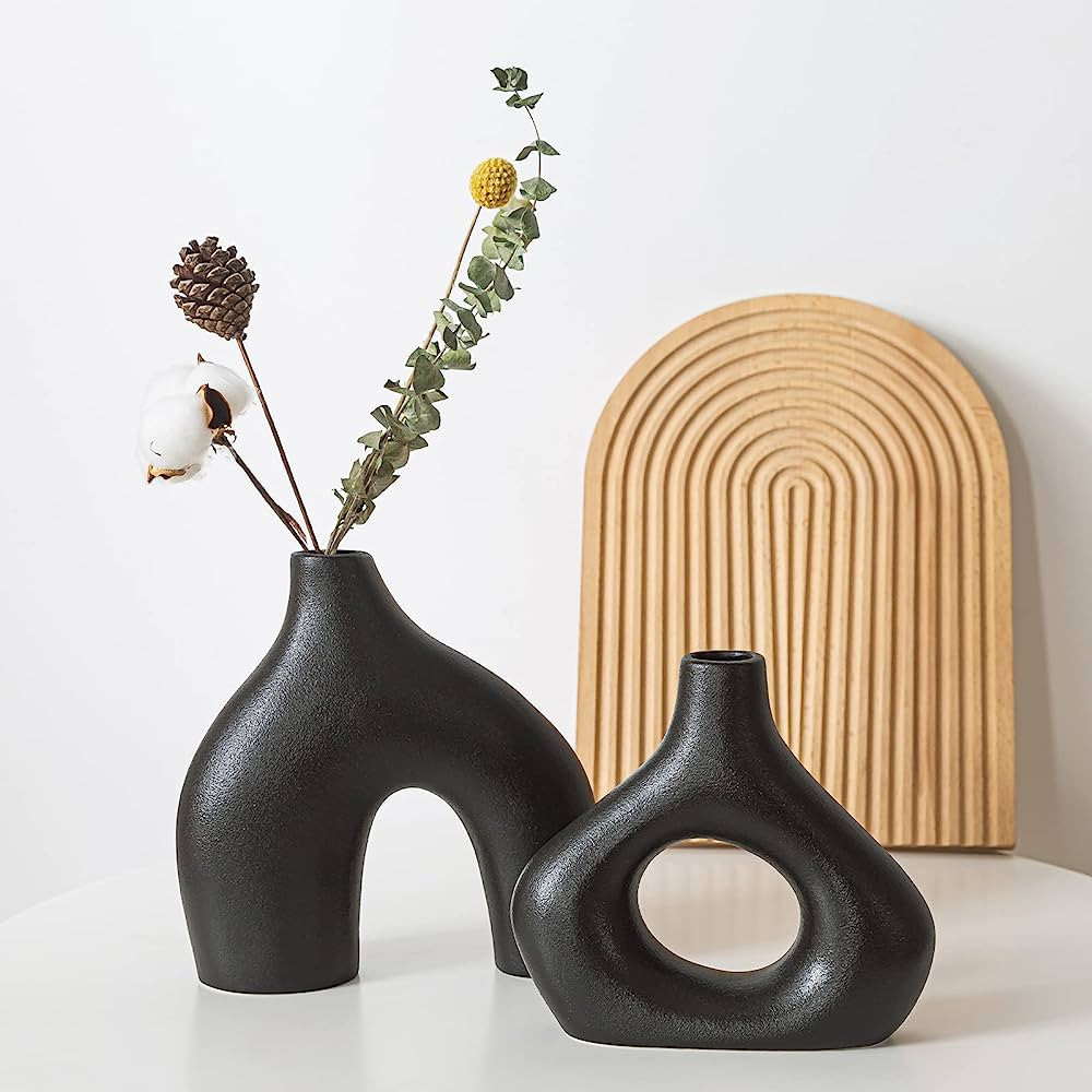 BLACK Ceramic Vase Set of 2 for Modern Home Decor, Round Matte Donut Vases for Pampas Grass, Neut... | Amazon (US)