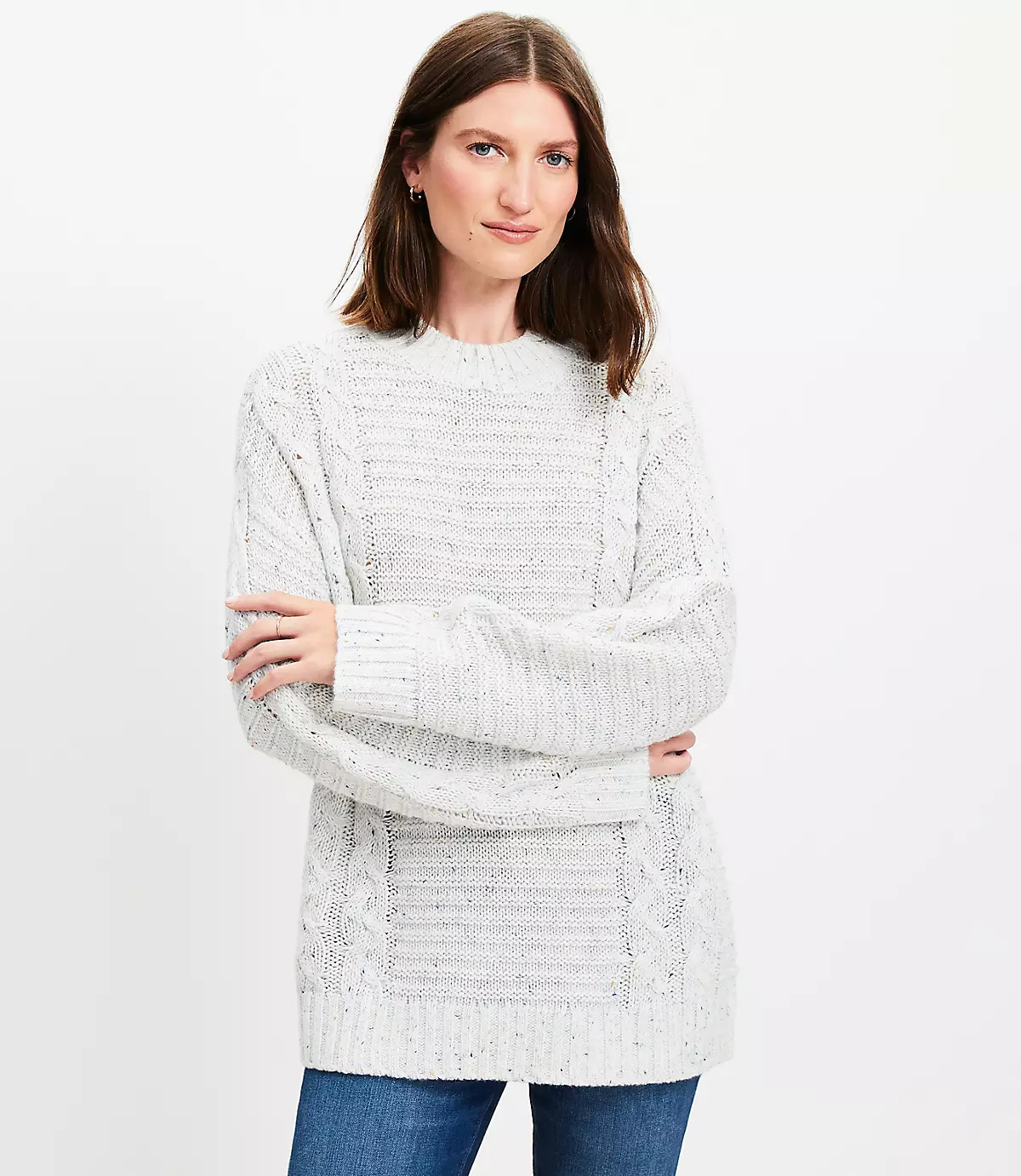 Flecked Cable Linked Mock Neck Tunic Sweater | LOFT