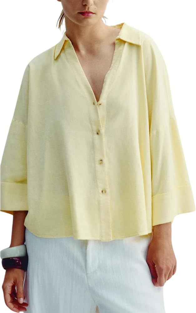 Esmeling Women Button Down Shirt V Neck Collared 3/4 Sleeve Shirt Casual Solid Striped Blouses To... | Amazon (US)