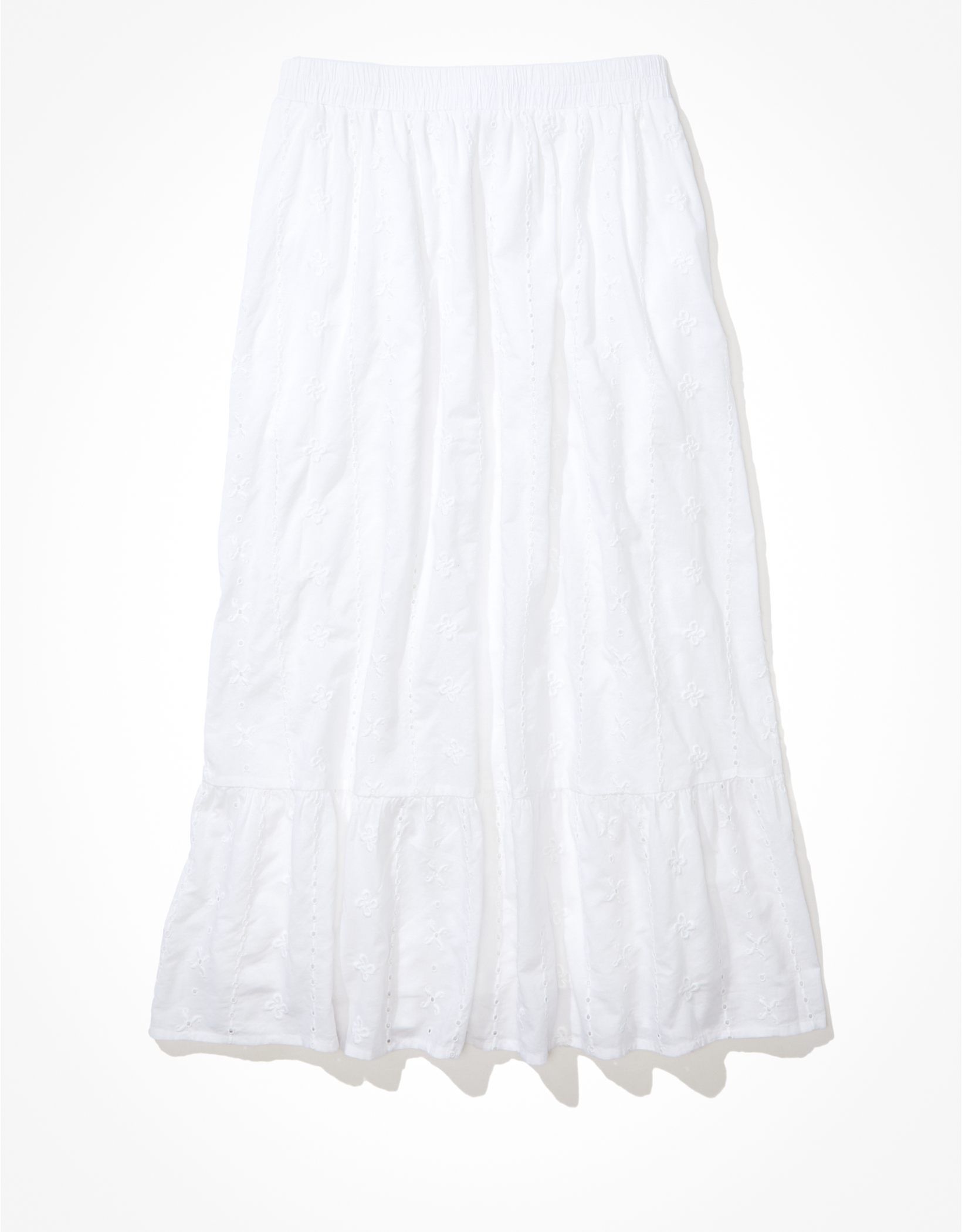 AE Tiered Embroidered Midi Skirt | American Eagle Outfitters (US & CA)