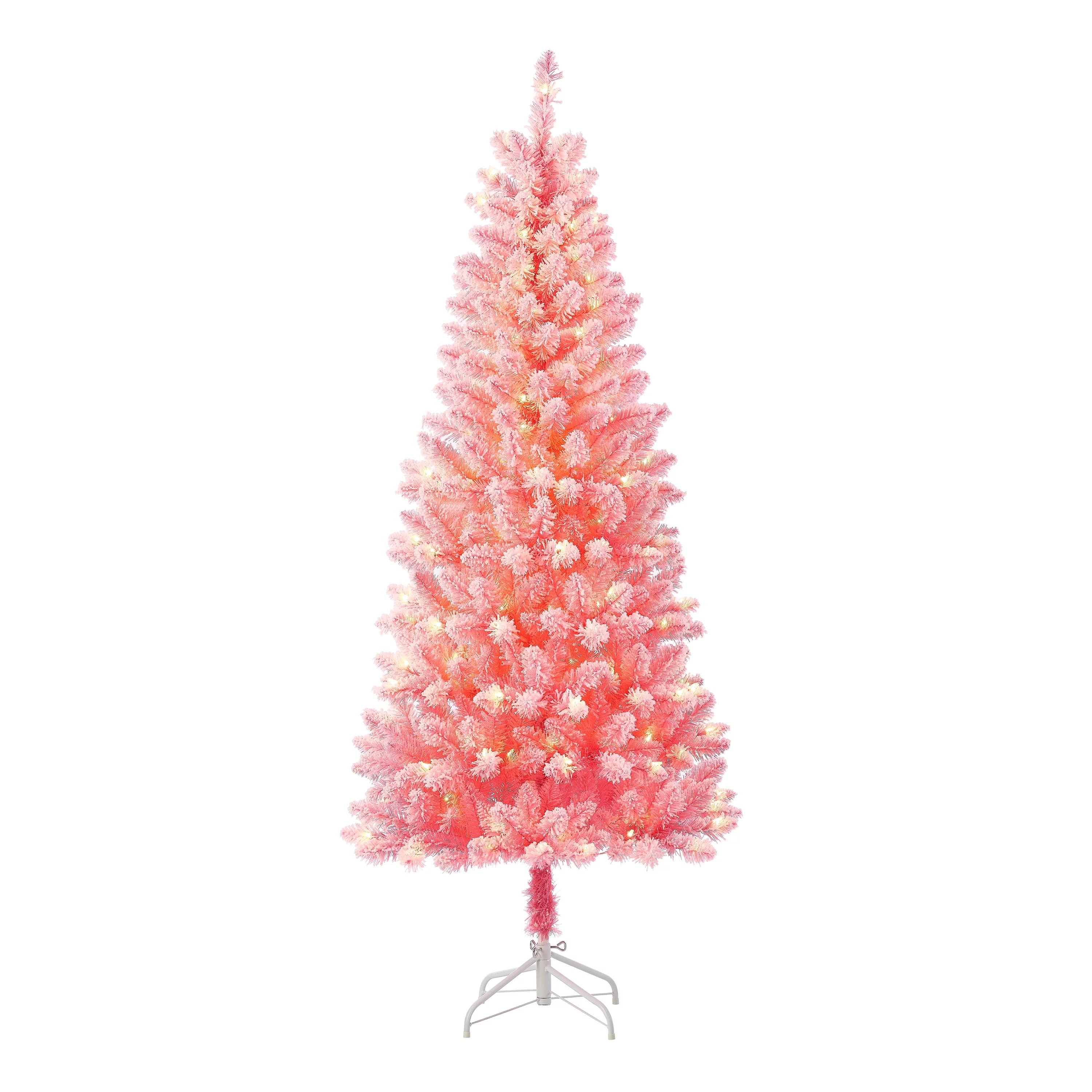 6.5 ft Pre-Lit Pink Flocked Pine Artificial Christmas Tree, 200 Clear Lights, Pink, by Holiday Ti... | Walmart (US)