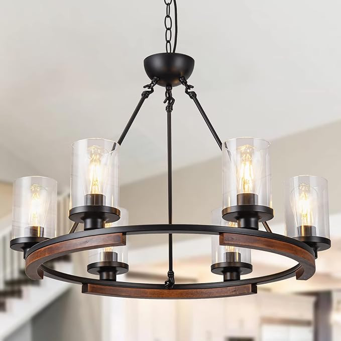 Rustic 28-Inch Wagon Wheel Chandelier with Clear Glass Shade, 6-Light Round Matte Black Farmhouse... | Amazon (US)