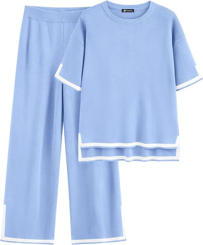 PRETTYGARDEN Women's Summer 2 Piece Outfits Casual Short Sleeve Knit Sweater Tops Wide Leg Pants ... | Amazon (US)