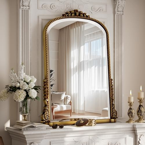 24"×32" Gold Arched Wall Mirror with Vintage Carving | Bathroom Vanity Makeup Mirror, as Wall De... | Amazon (US)