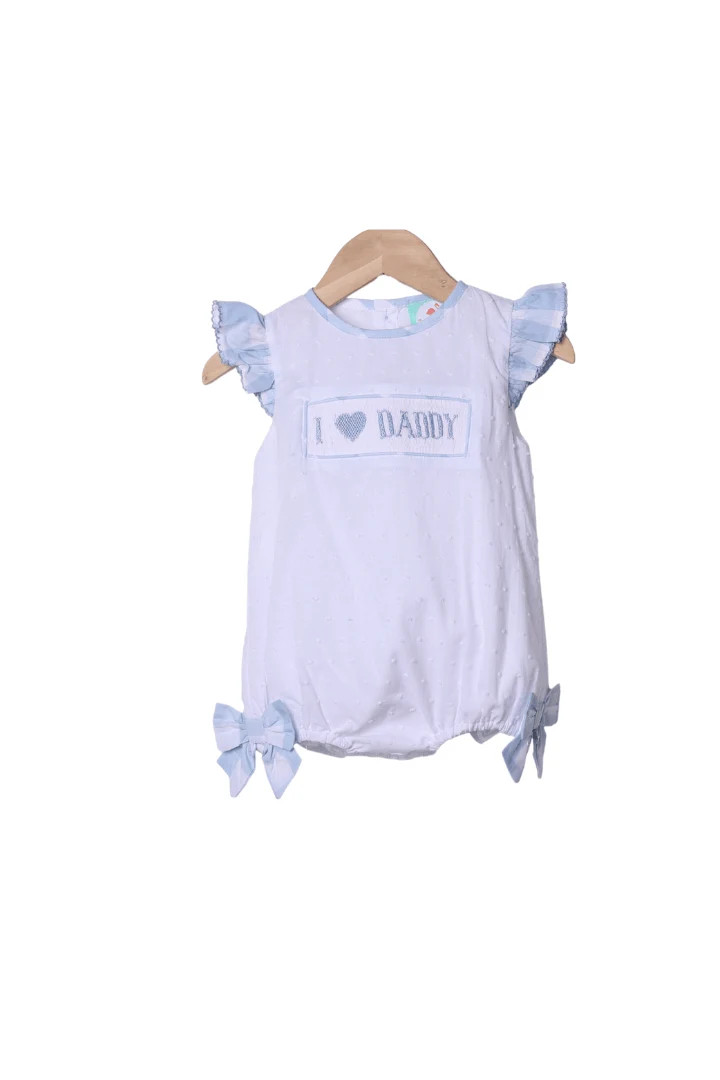 Smocked I Love Daddy Blue Buffalo Check White Swiss Dot Bubble | The Smocked Flamingo