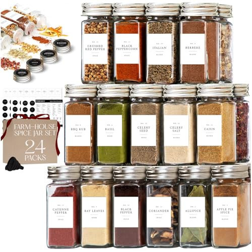 FINESSY Glass Spice Jars with Labels with Metal Lids and Shakers 24 Pack Set, 4oz Small Empty Air Tight Spice Containers with Labels, Clear Seasoning Containers Herb Bottles Kitchen Storage Organizer | Amazon (US)