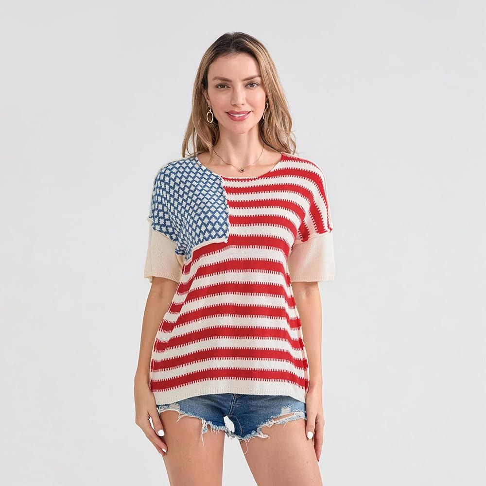 Women's Summer Basic Knit T-Shirt Star Stripe Print Patriotic Short Sleeve Tops 4th of July Outfits | Amazon (US)