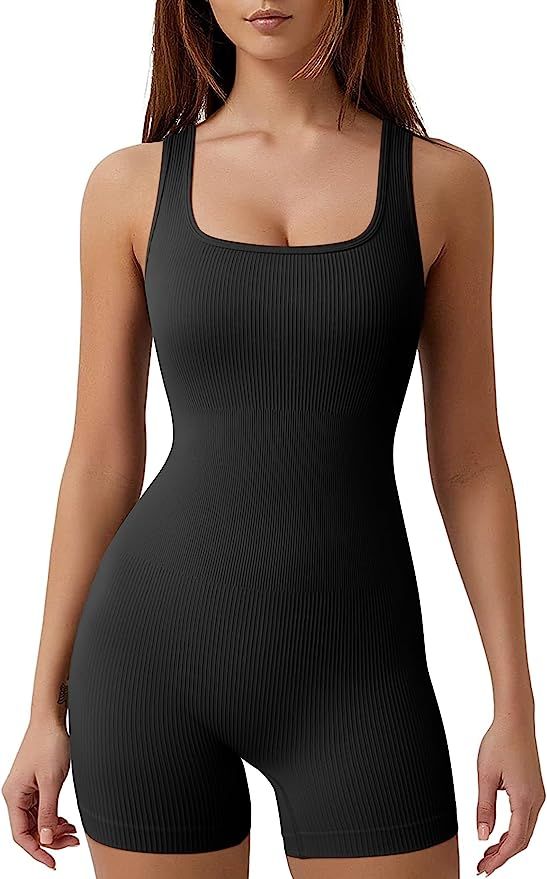 OQQ Women's Yoga Rompers Ribeed Workout Square Neck Tank Tops Sleeveless Exercise Romper | Amazon (US)
