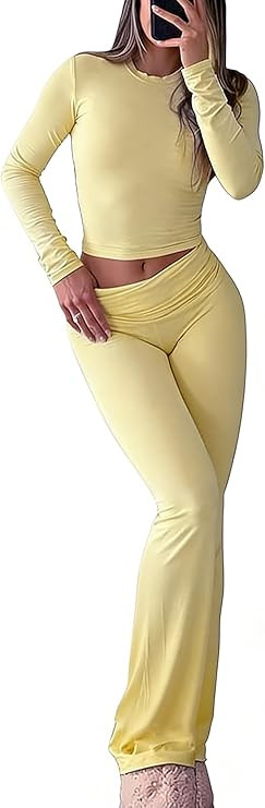 YETOWA Y2K 2 Piece Outfits Tummy Control Long Sleeve Crop Top High Waisted Flare Pants Soft Knit ... | Amazon (US)