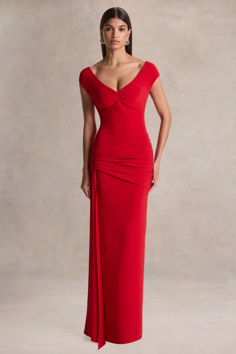 Petronia  Red V-Neck Maxi Dress With Wrap-Detail | Club L London