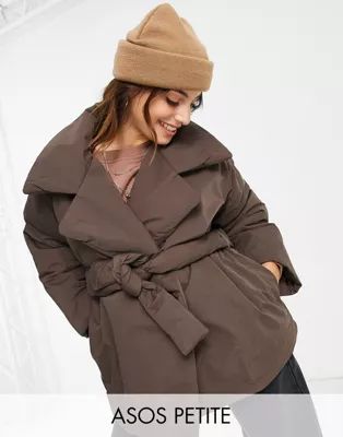 ASOS DESIGN Petite belted puffer jacket in brown | ASOS | ASOS (Global)