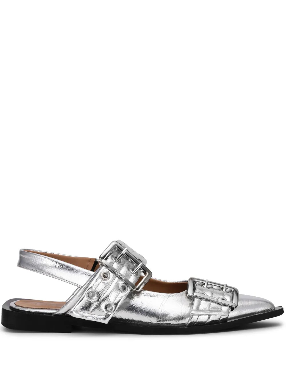 GANNI double-buckled metallic-effect Ballerina Shoes | Silver | FARFETCH | Farfetch Global